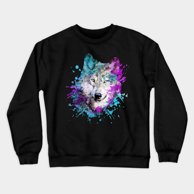 Dramabite Watercolor wolf Crewneck Sweatshirt by dramabite